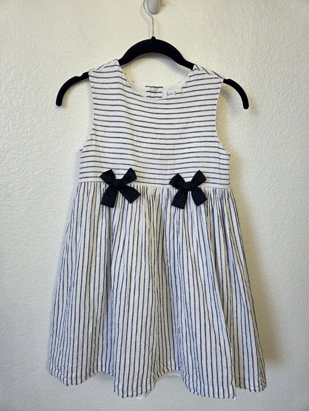 Rachel Riley Stripe Linen Bow Dress Girl's Size 12 White and Navy Nautical